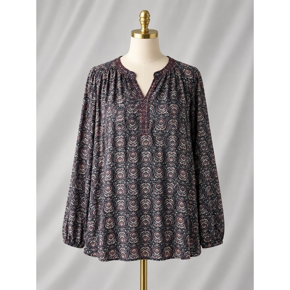 Pure Jill Popover Printed Knit Tunic V-Neck Women M Navy Burgundy Boho